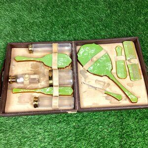 Antique Art Deco Celluloid Vanity Set in Original Case Green Marbled
